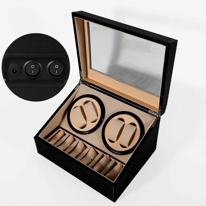 4+6 Auto Rotation Leather Wood Watch Winder Box Storage Display Case Brown/Black
