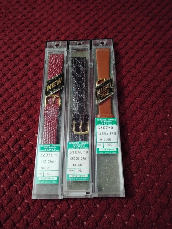 3 Topps Vintage New old stock watch bands, 18mm (11/16") 2 brown / 1 red gallery