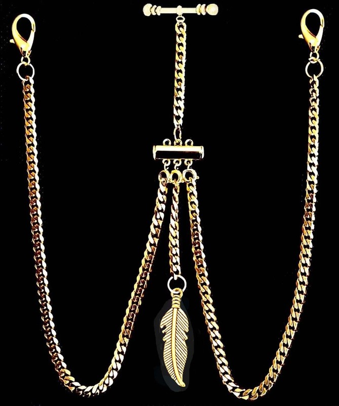 Gold Plated Strong Pocket Watch Albert Double Chain With Ornate LEAF Fob. gallery