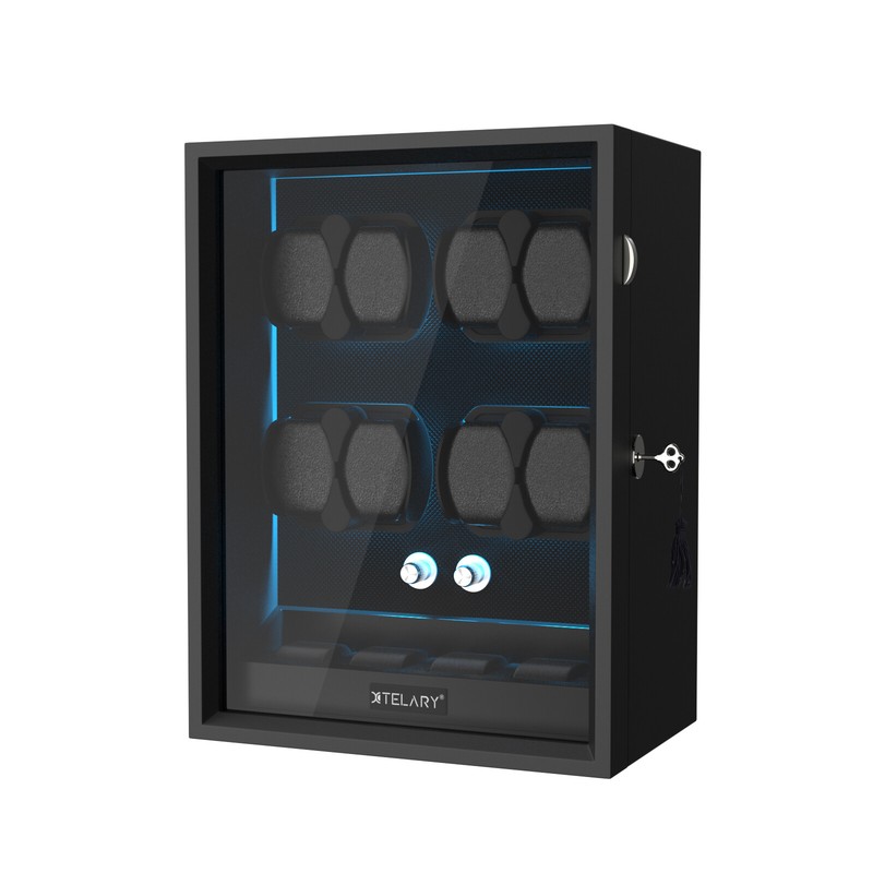 Automatic Rotation 8 Watch Winder + 4 Storage Display Box Blue LED Quiet Motors