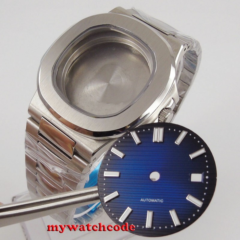 Square 40mm steel solid Watch Case blue dial (case+bracelet +dial) fit eta 2824
