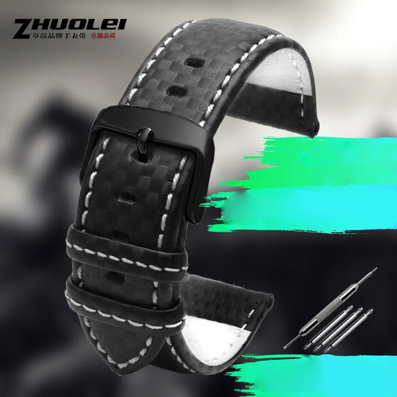 18 20 21 22 23mm Carbon Fiber & Leather Watchband Strap with Clasp + Tools