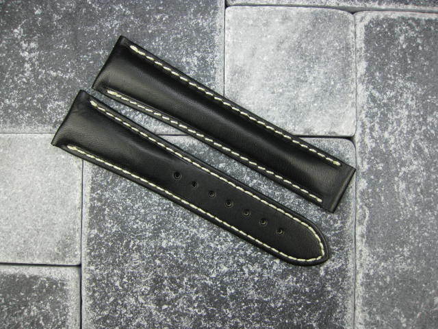 OMEGA 22mm Black Calf Leather Deployment Strap White Stitch Watch Band Seamaster
