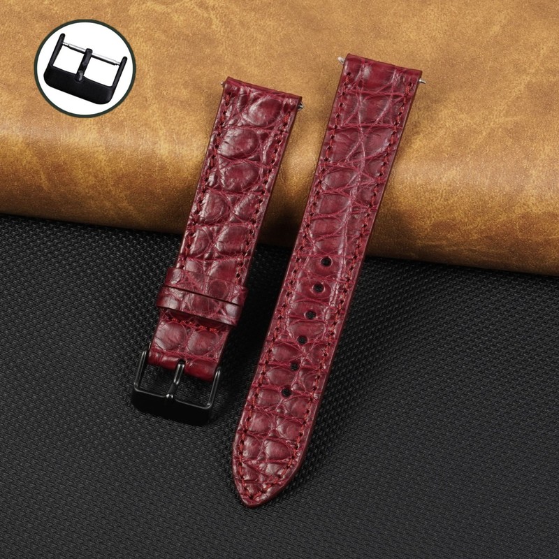 21mm Burgundy Flat Leather Watch Band Genuine Crocodile Watch Strap Black Buckle