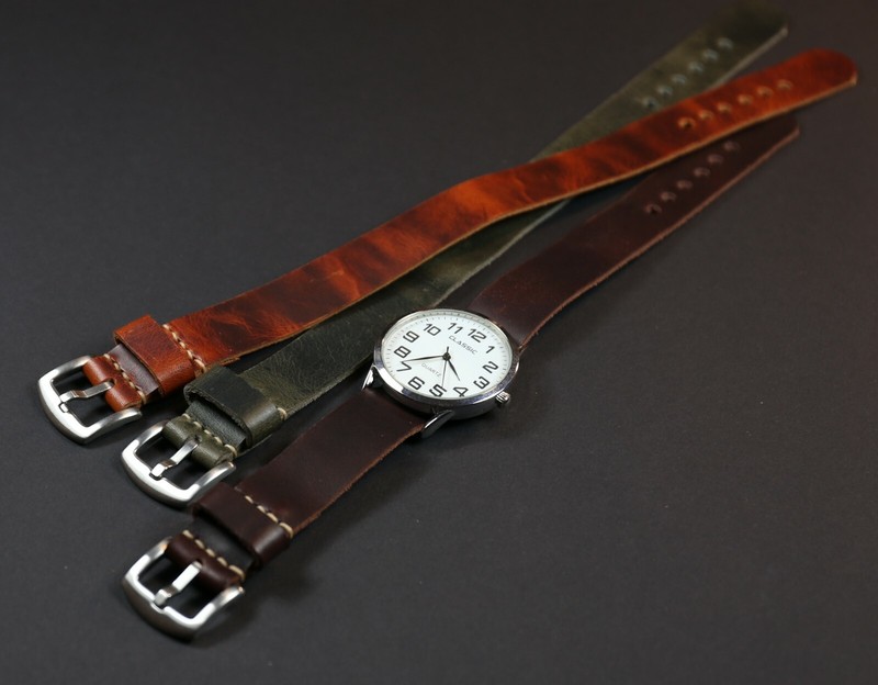 One piece Leather watch band Military style single pass strap Vegetable tanned gallery