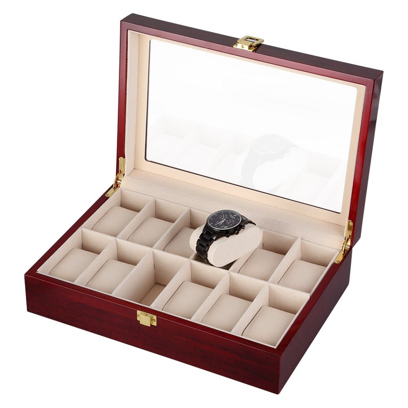 3/6/10/12 Slot Wooden Watch Box Glass Lid Jewelry Organizer Display Case Gift gallery