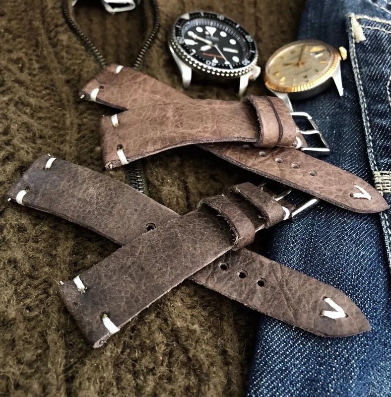 Italian Vintage Genuine Leather watch strap H/Made 16 18 19 20 22mm Patina Brown gallery