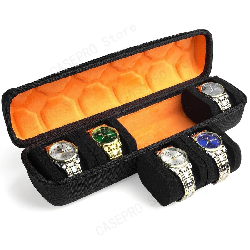 5 Slot Watch Travel Case Hard Shell Zip Storage Box Black