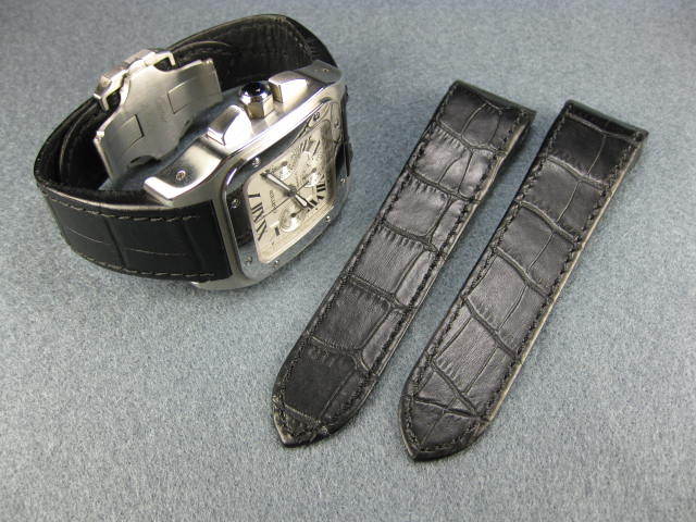 24.5mm Black Leather Strap Watch Band for CARTIER Santos 100 Chronograph XL V BK