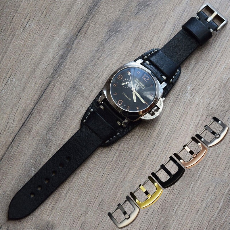 Leather watch strap Cuff Band Buffalo Bund Pad 18 20 22 24 26 mm black band