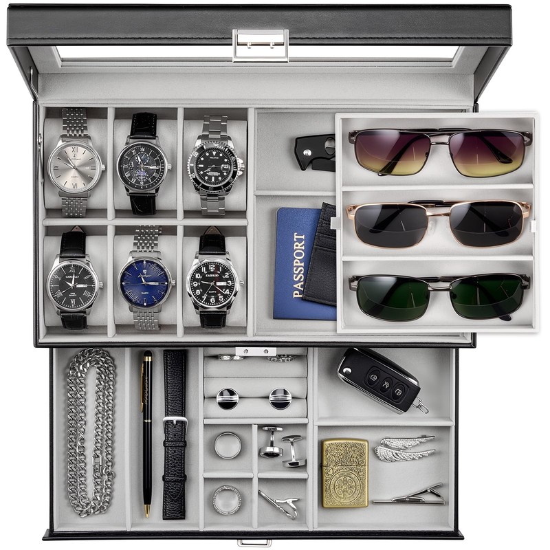 ProCase Mens Jewelry Box, Lockable 6 Slot Watch Case & 3 Black