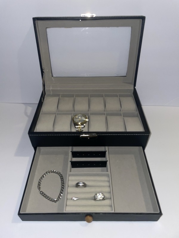 Black Faux Leather Glass-Top Watch Storage Box Case w/ Drawer Father’s Day Gift gallery