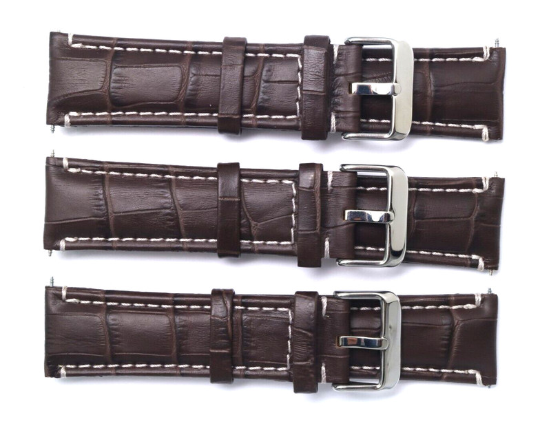 3Pcs 24mm Replacement Brown Leather Crocodile Grain Watch Band Silver Buckle
