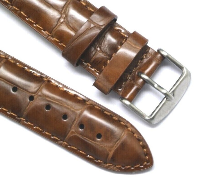 20mm 22mm Brown Crocodile Grain Leather Padded Watch Strap Band Silver Buckle