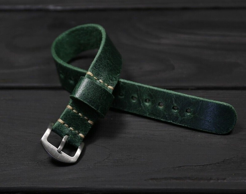 One piece distressed leather Green watch band Military style single pass 18 24mm