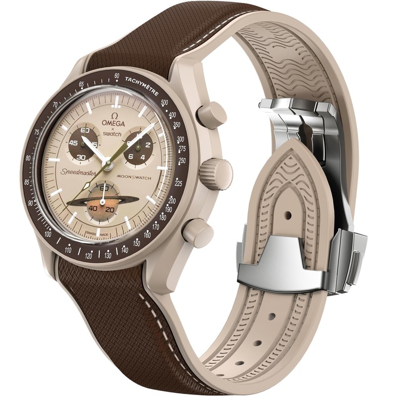 Unisex 20mm MoonSwatch Curved No Gap Strap, Black/Khaki Folding Buckle Band