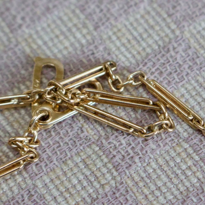 VINTAGE 14K YELLOW GOLD HANDMADE BAR LINK POCKET WATCH CHAIN w/DOG CLIP (13.5") gallery
