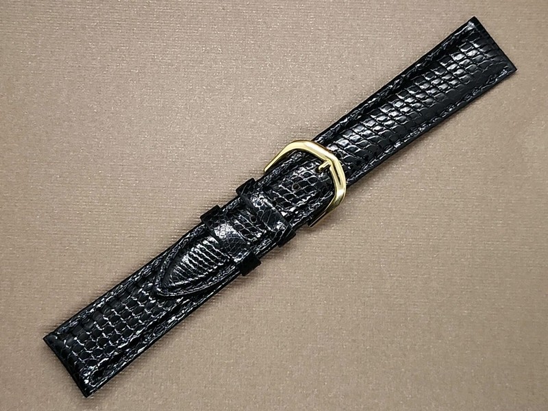 Vintage NOS 18mm Black Padded & Stitched Genuine Lizard Watch Band-Yellow Buckle