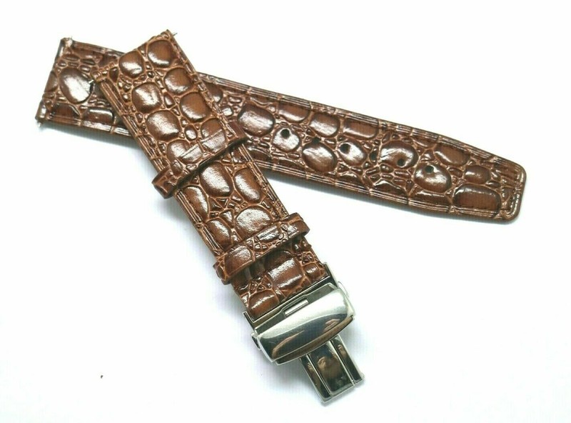 22mm Brown Thin Croco Embossed Leather Watch Band Stainless Butterfly Clasp gallery