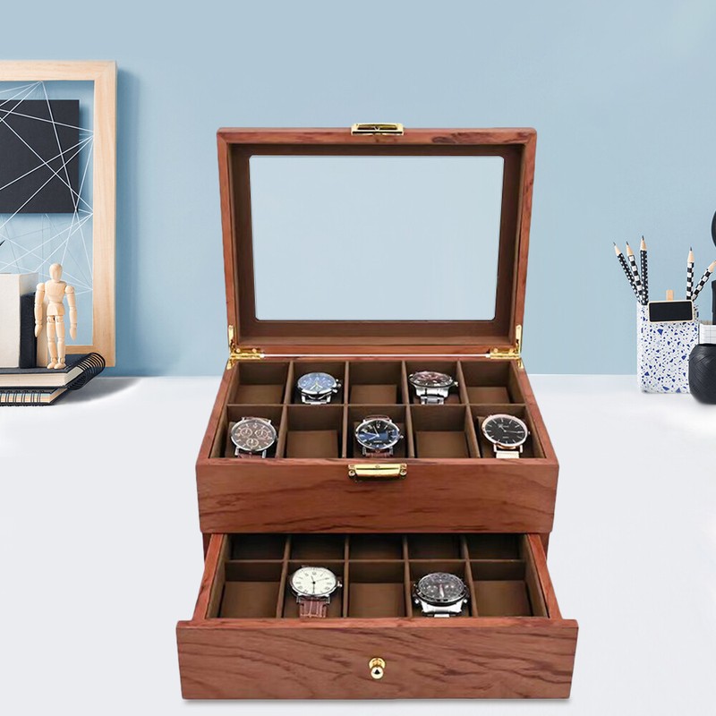 20-Slot Rosewood Watch Case Keep Display Tray Case Jewelry Storage Organizer Box gallery