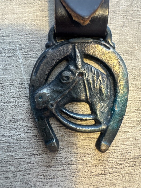 Antique Metal Horse Horseshoe Watch Fob Leather Strap Engraved Buckle B4B gallery