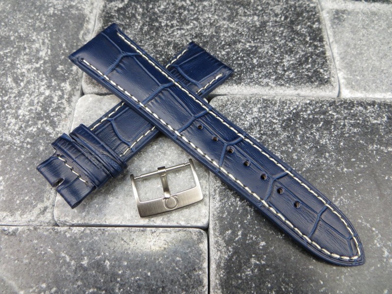 19mm Leather Strap Navy Blue Watch Band with OEM OMEGA Buckle Set Brush White