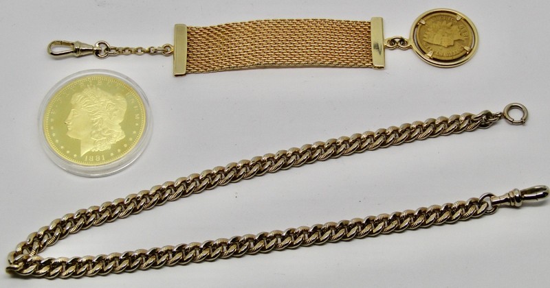 SWANK vintage watch chain – Watch Fob wih Indian head penny – Copy Morgan dollar