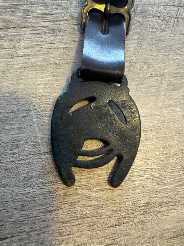 Antique Metal Horse Horseshoe Watch Fob Leather Strap Engraved Buckle B4B gallery
