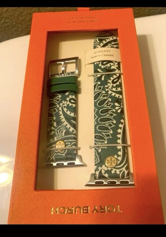 NIB Tory Burch Bandana print Leather 38/40mm gold logo-embossed AppleWatch strap