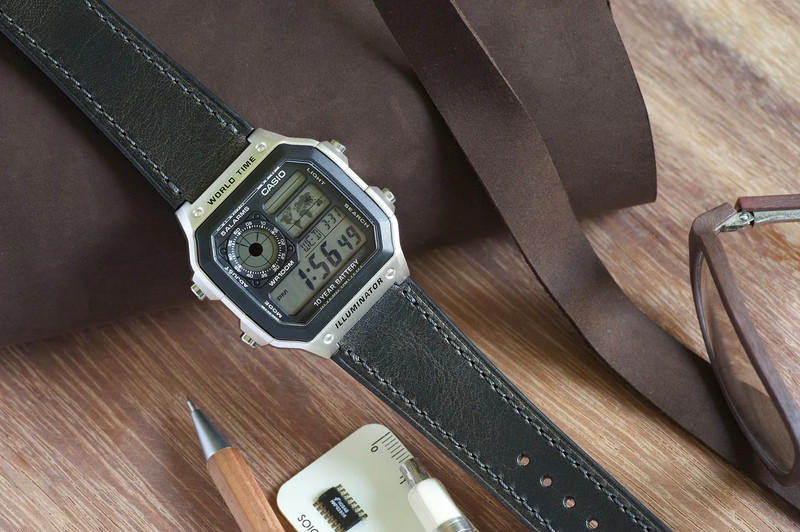 Vario Oiled Leather Watch Straps for Casio AE1200WH World Time & Other Watches