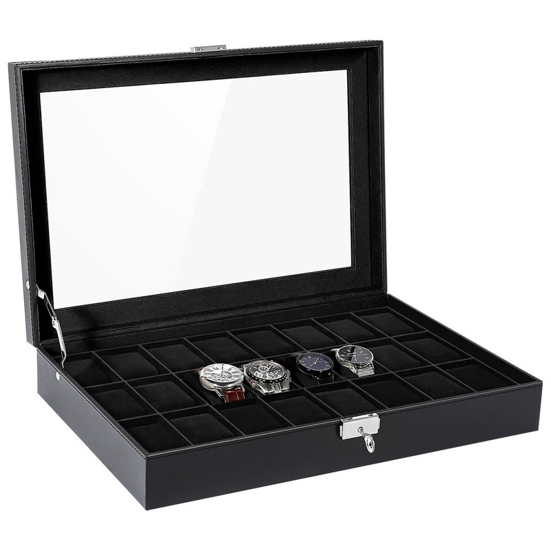 【Preloved】24-Slot Lockable Watch Display Case with Glass Top,Black Leather