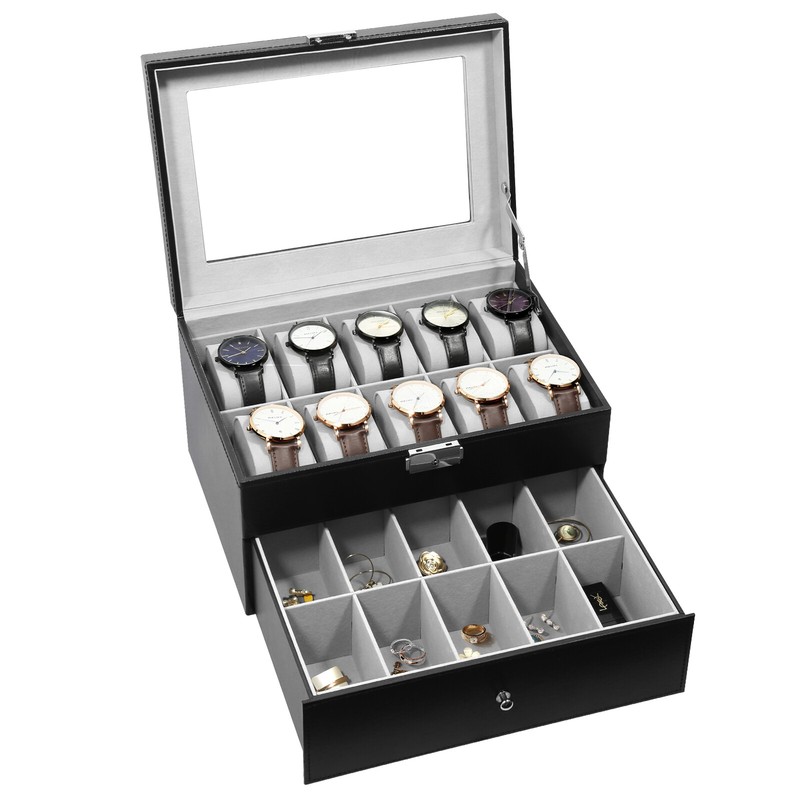 20-Slots Watch Box Case 2-Layer Watch Jewelry Holder Organizer Storage Display