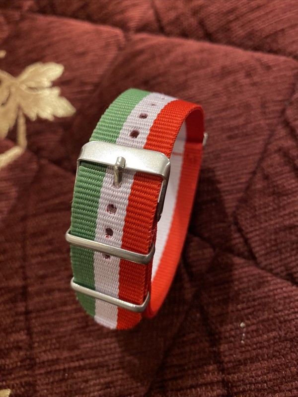 20mm Nylon Watch Strap, Stripes Of Red, White, Green As Shown In Photos