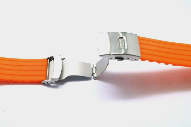 2Pcs 22mm Orange Rubber Men Watch Strap Band Silver Tone Deployment Clasp gallery