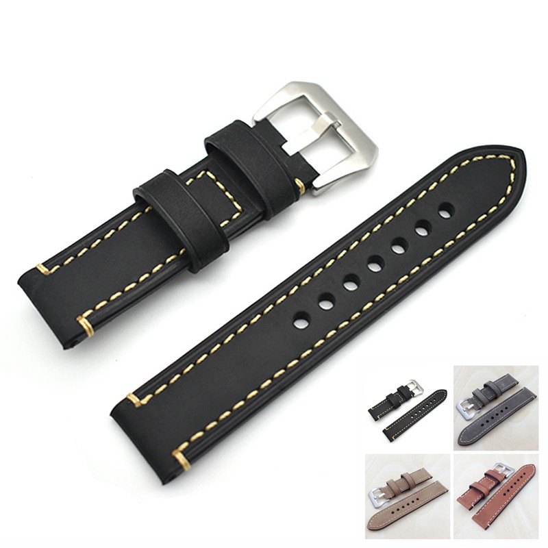 Wristwatch Bands Top Layer Cowhide Genuine Leather Watch Straps Parts Black 26mm