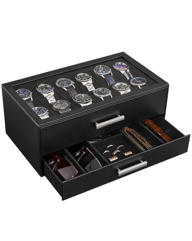 ProCase 12-Slot Watch Box, 2-Tier Pull-Out Drawers Display Case for Men Black