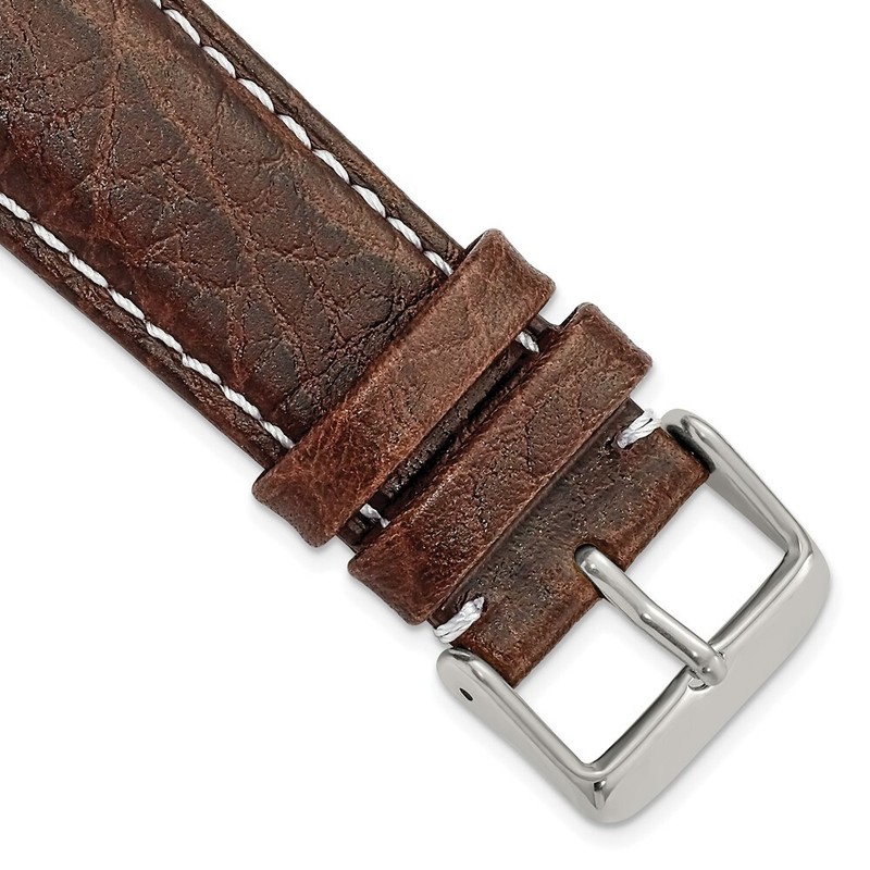 22mm 6.75″ Short Brown Leather White Stitch Silver-tone Buckle Watch Band