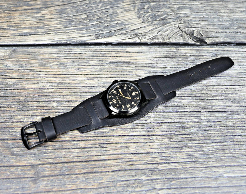 Black Leather Bund Watch Strap 18 20 22mm Vintage Aviator Pilot Cuff Watch Band