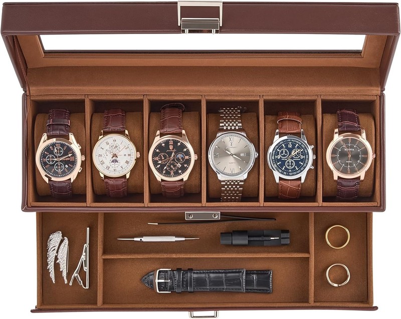 Watch Case 8 Slot Mens Watch Box Holder Organizer W/ Glass Lid 2-Layer Watches gallery
