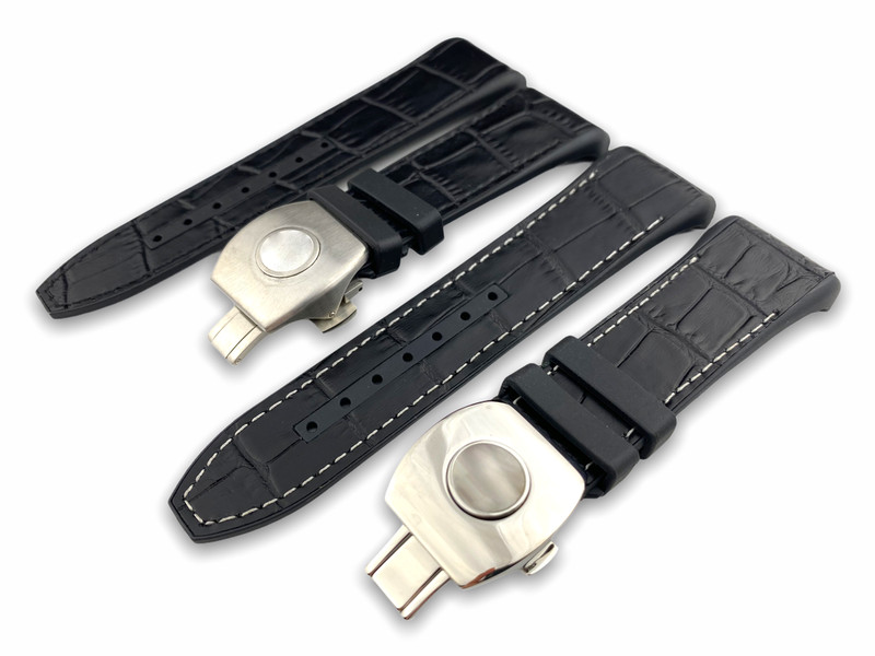28mm Black Rubber-Leather Strap Band fit Franck Muller Vanguard V45 Watch