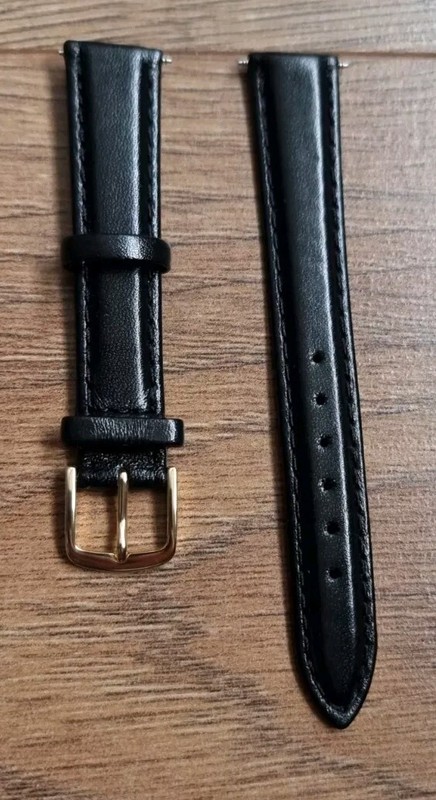 16mm VINTAGE ANTIQUE CALF LEATHER APOLLO BLACK WATCH STRAP, GOLD BUCKLE, NOS