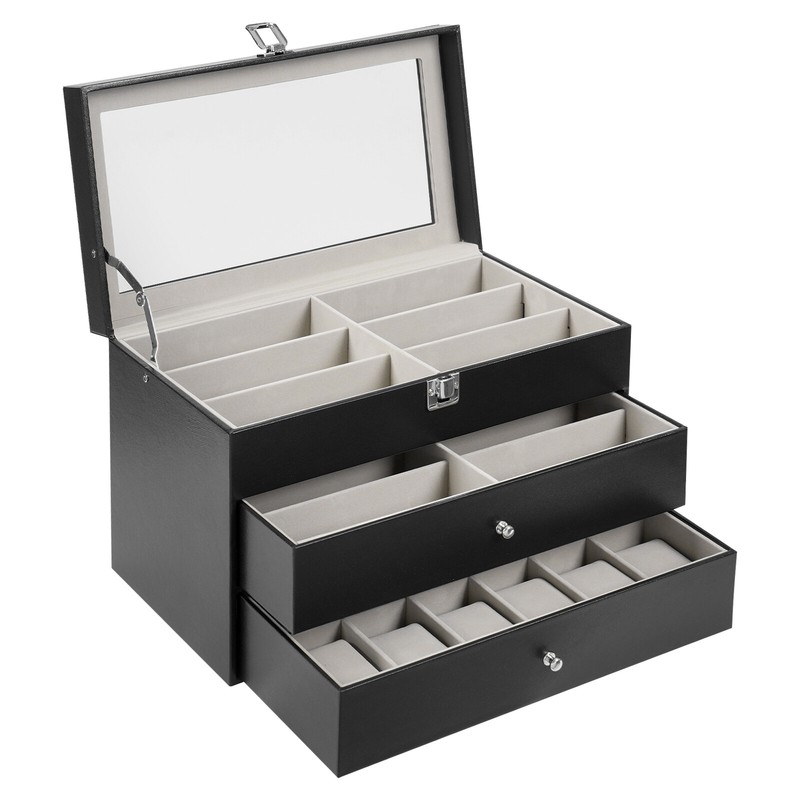 24 Slots Sunglasses Watch Display Box 3 Layers Jewelry Organizer Storage Case