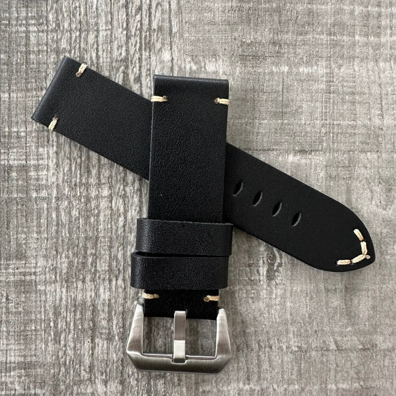 24mm Matte Black Leather Watch Strap Band For OFFICINE PANERAI PAM Watches