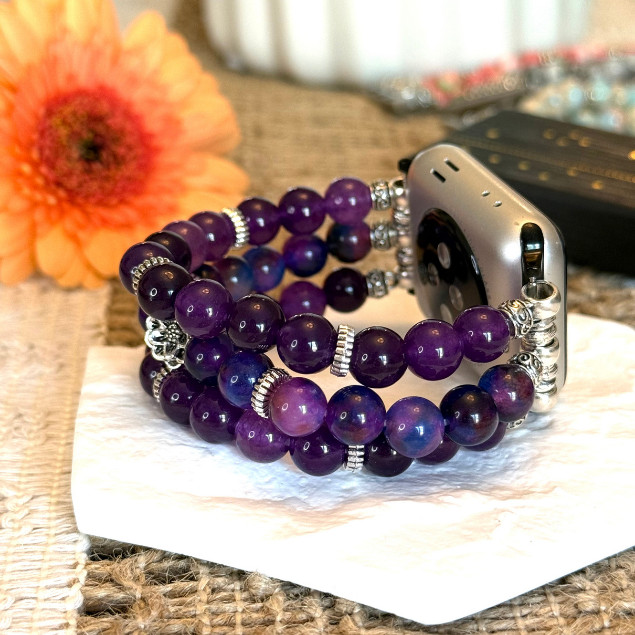 Beaded Apple Watch Band Amethyst Purple Sugilite Gemstone Silver Handmade Strap gallery