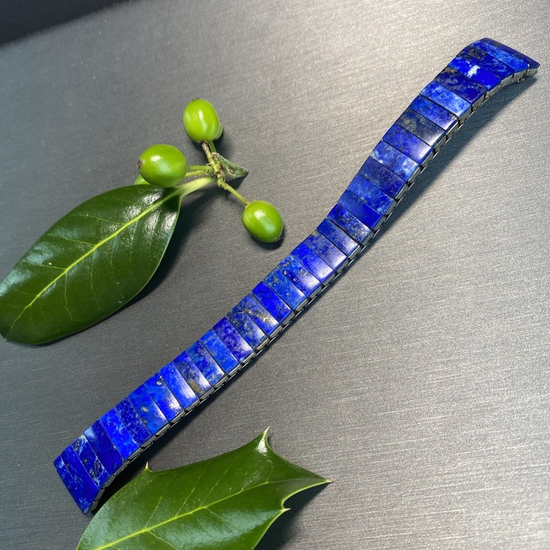 Vintage Watch Bracelet Lapis Lazuli Gem Expansion Stretch 12 mm Ends Stainless