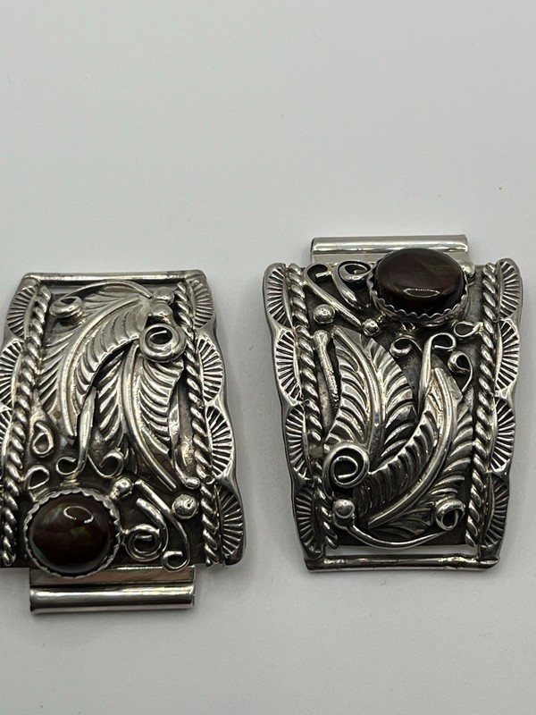 Native American Watch Tips Signed.Design w Brown/green Stone Sterling.Bracelet