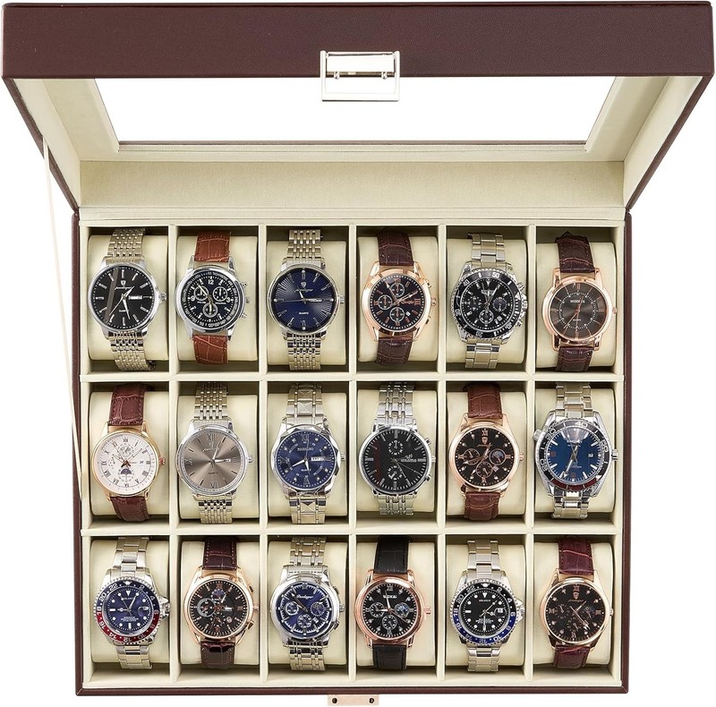 Stylish Espresso & Beige 8-Slot Watch Box with Glass Top – Organize & Protect