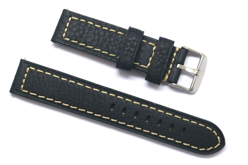 20mm or 22mm Black Oily Cowhide Leather Beige Stitching Watch Band Silver Buckle