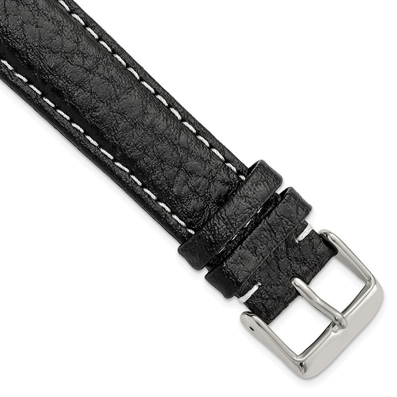 16mm Long Black Leather White Stitch Silver-tone Buckle Watch Band