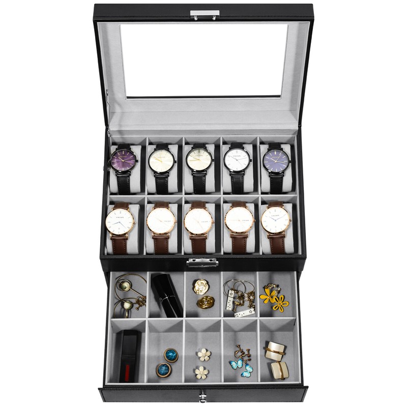 20-Slot Watch Box for Men 2-Layer Glass Lid Display Case Gift for father husband